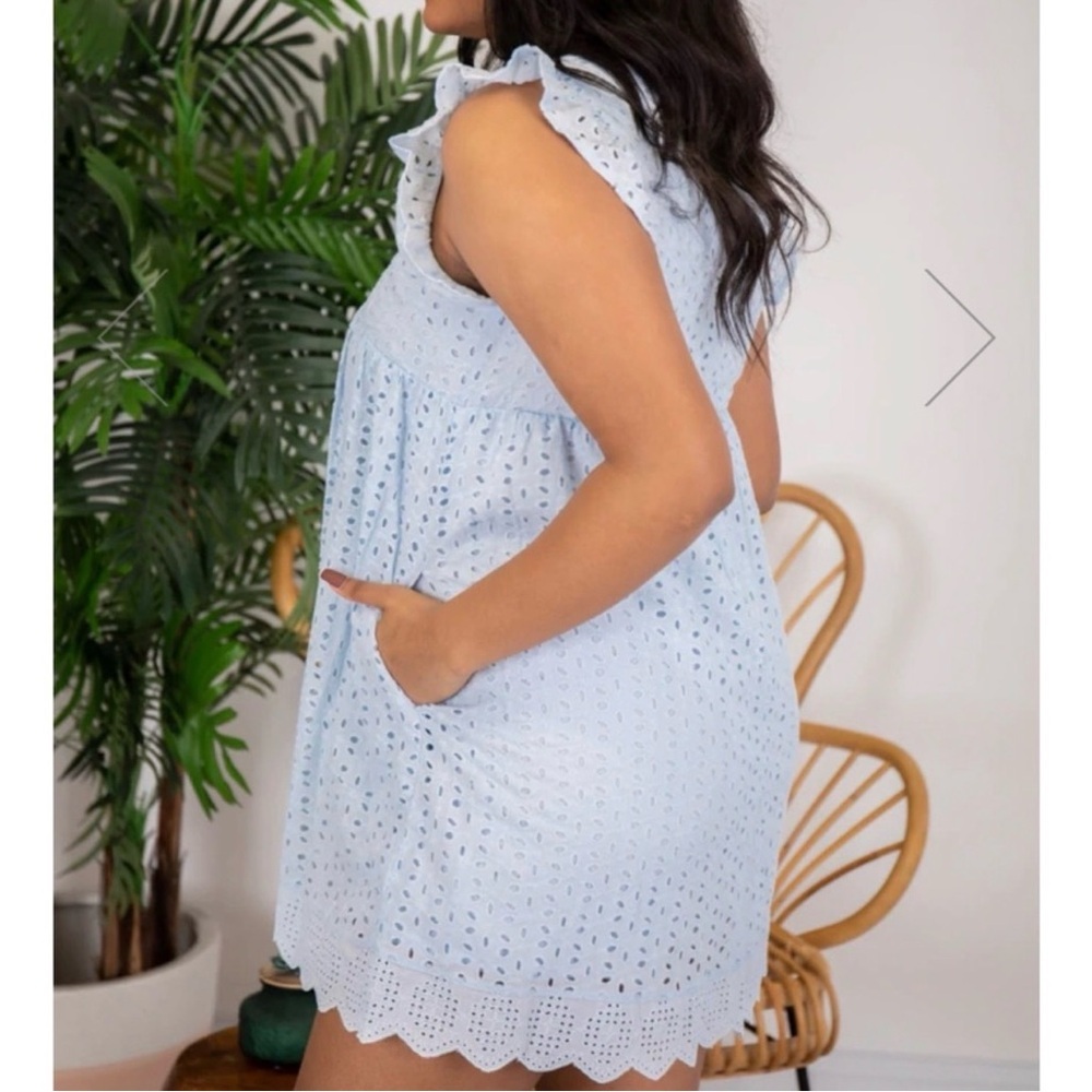 Baby Blue Eyelet Romper Dress With Pockets Size Large - Picture 2 of 8